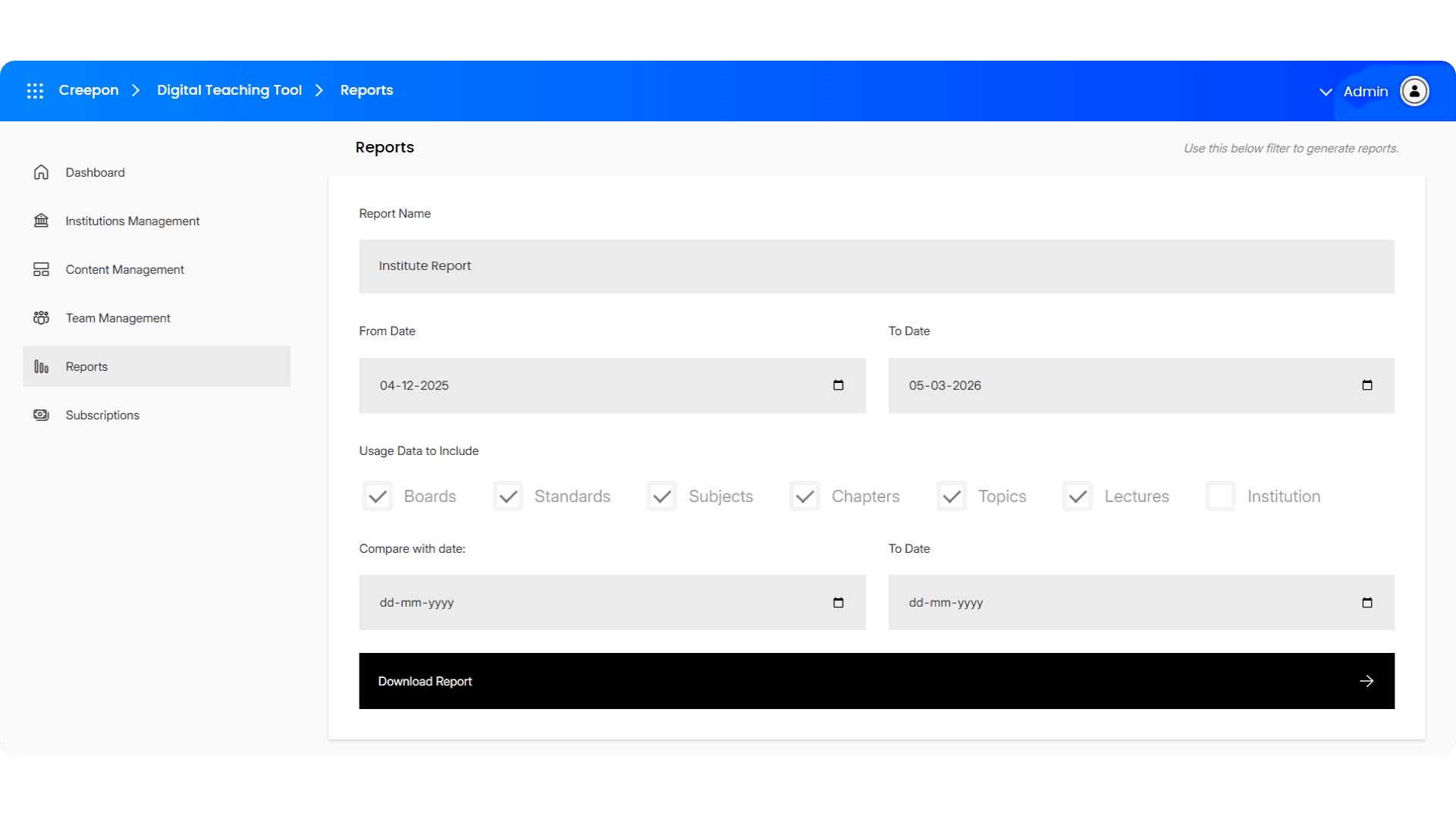 Reports screen with filters and download button