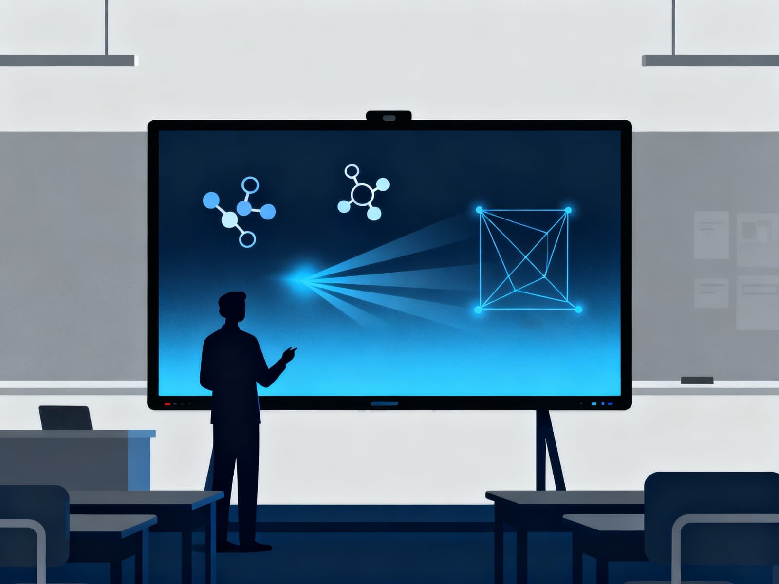 Teacher presenting at an interactive smartboard with STEM graphics — modern digital classroom
